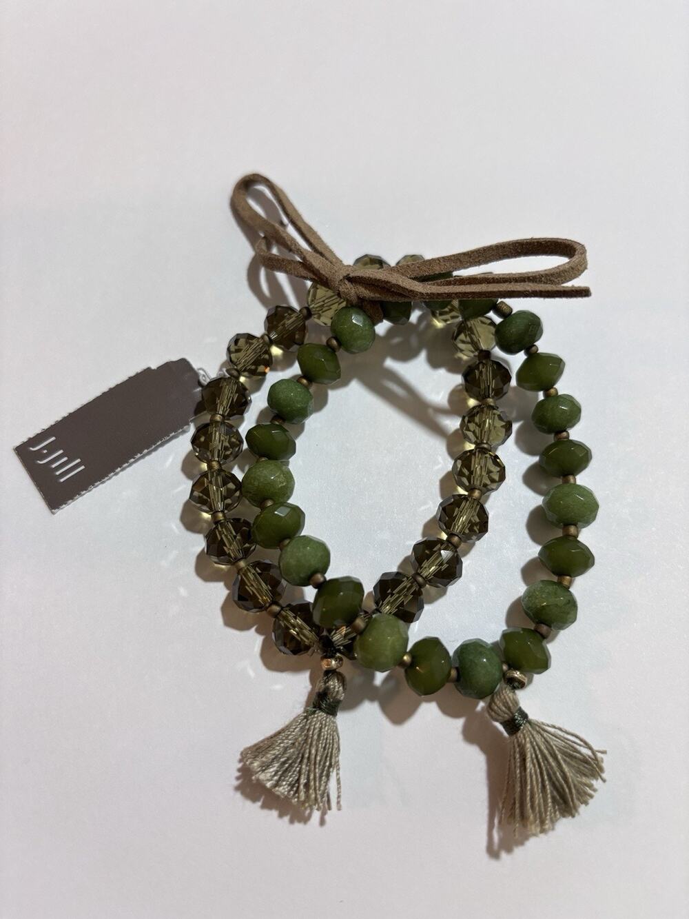 J.Jill Bracelet Set Green Smoky Crystal Beads Tassels Stretch Boho NWT $39